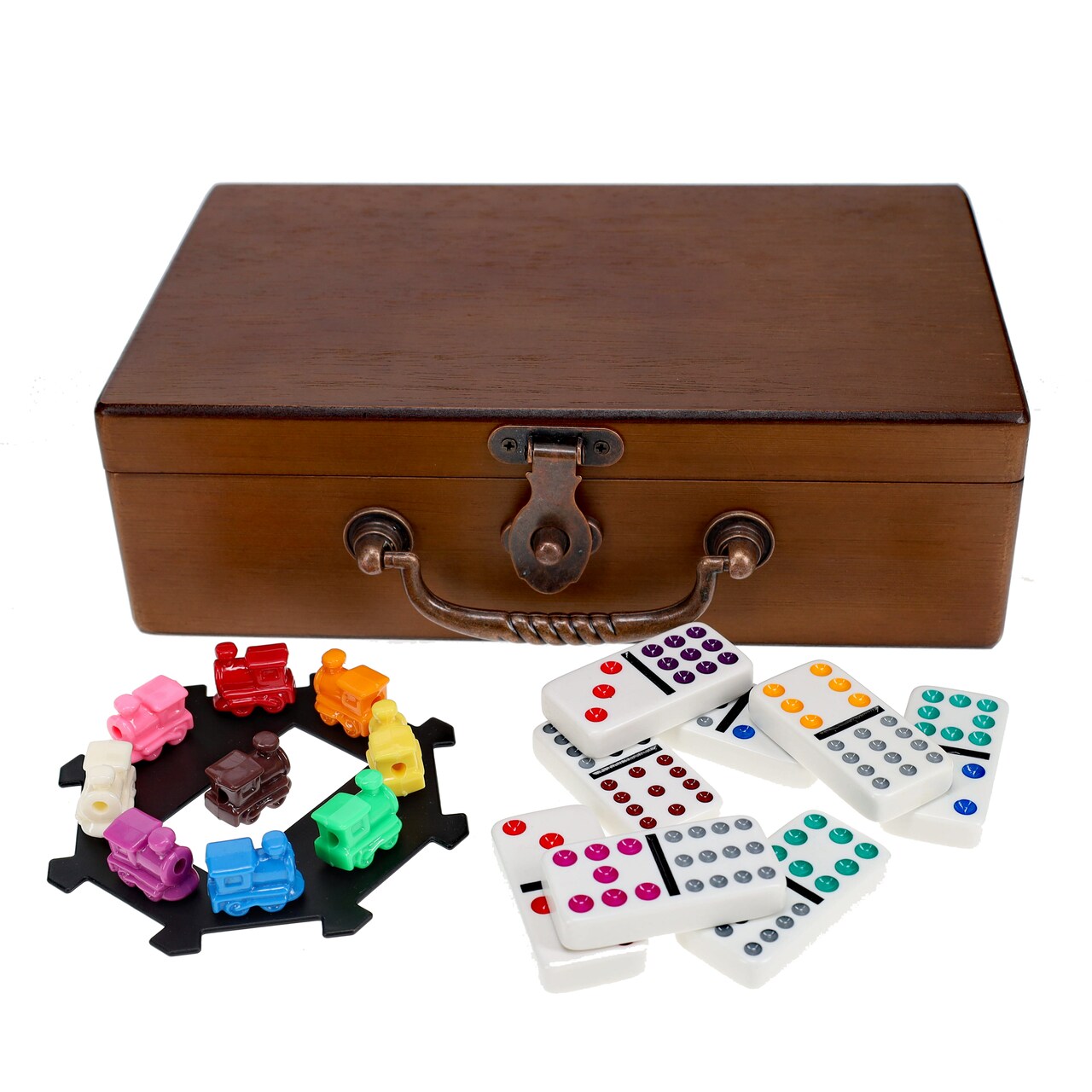 WE Games Mexican Train Dominoes with Wooden Treasure Box - White Tiles with Colored Pips - Thick Size